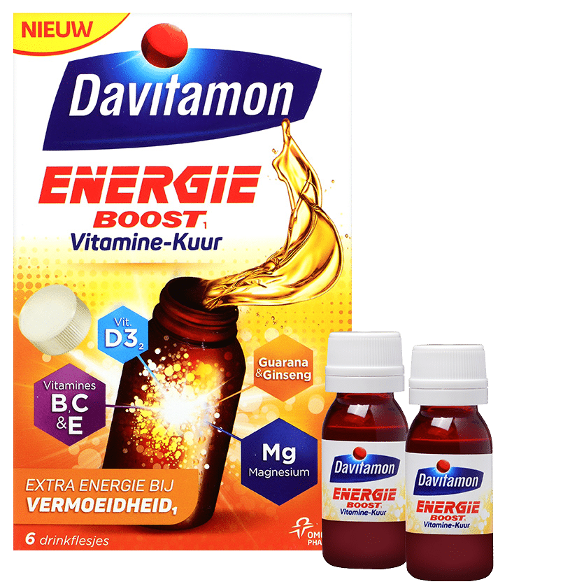 Davitamon Energie Boost Vitaminekuur Drinkflesjes Verpakking totaal